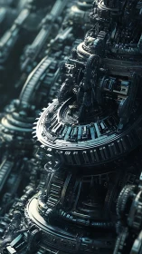 Clockwork spires of a quiet future machine cityscape.