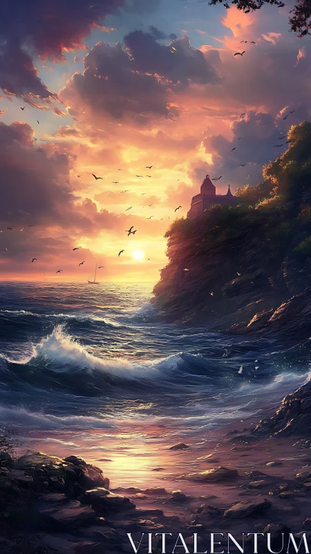 Clifftop castle above sunset surf with luminous sky palette.
