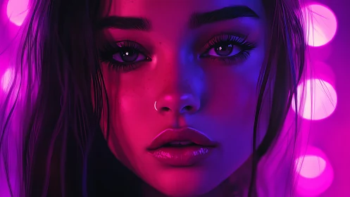 Neon-lit digital portrait of young woman in pink glow.