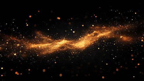 Golden particle stream arcs across deep black void.