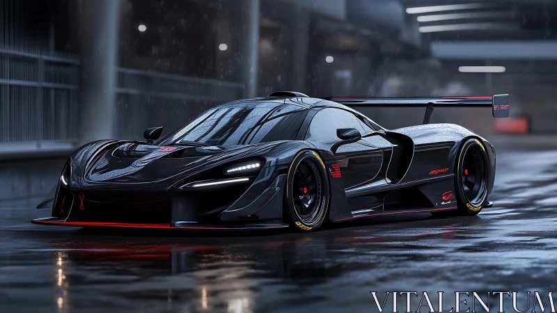 Low-angle render shows black track-focused hypercar in rain