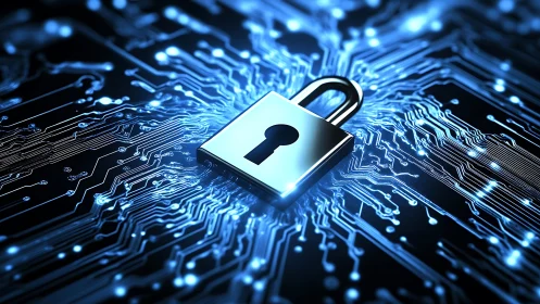 Chromed padlock on glowing PCB signaling advanced data security