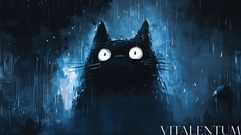 Midnight cat gazes wide eyed through softly falling rain