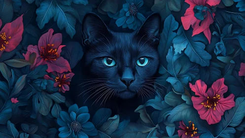Black Cat with Glowing Eyes Surrounded by Neon Flowers.