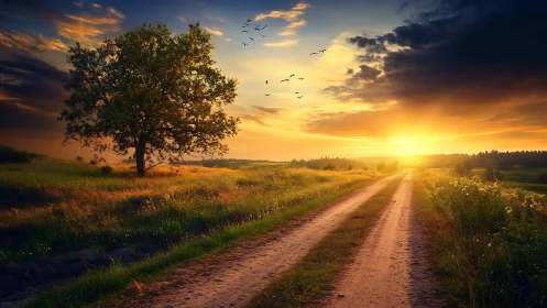 Country road drifts into a molten-gold, storybook sunrise