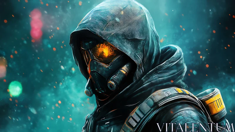 Hooded sci fi soldier in gas mask with glowing visor.