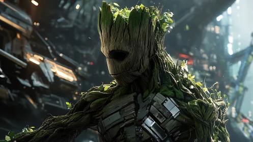 Wooden humanoid entity with foliage in sci-fi setting.