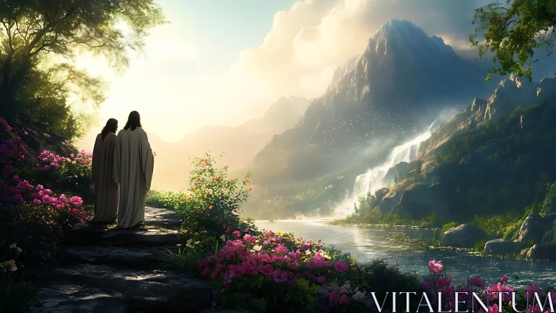 Two robed figures walking beside river in bright valley.
