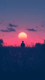 Silhouette in tall grass facing a vivid pink sunset sky.