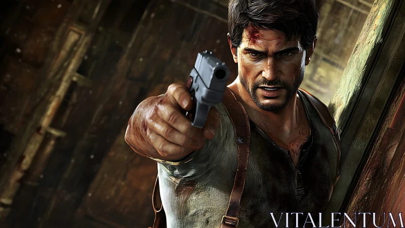 Rendered male gunman extending pistol toward viewer plane.