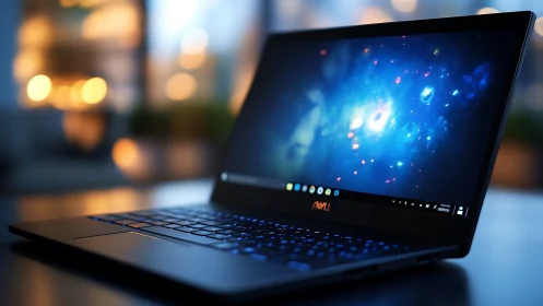 Ultraslim laptop displays vivid nebula desktop in bokeh light