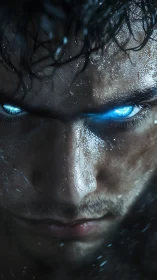 Intense wet male face with glowing blue supernatural eyes.
