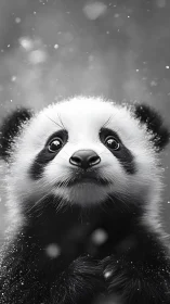 Gentle baby panda gazes upward in softly falling snow