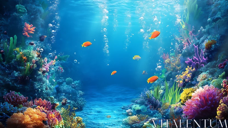 Digital painting coral reef with luminous fish and depth cues.