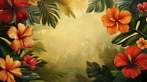 Hibiscus Blooms with Tropical Palm Foliage Arranged in Golden Light