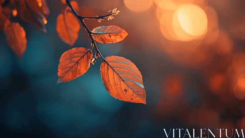 Orange leaves are shown against a defocused blue background