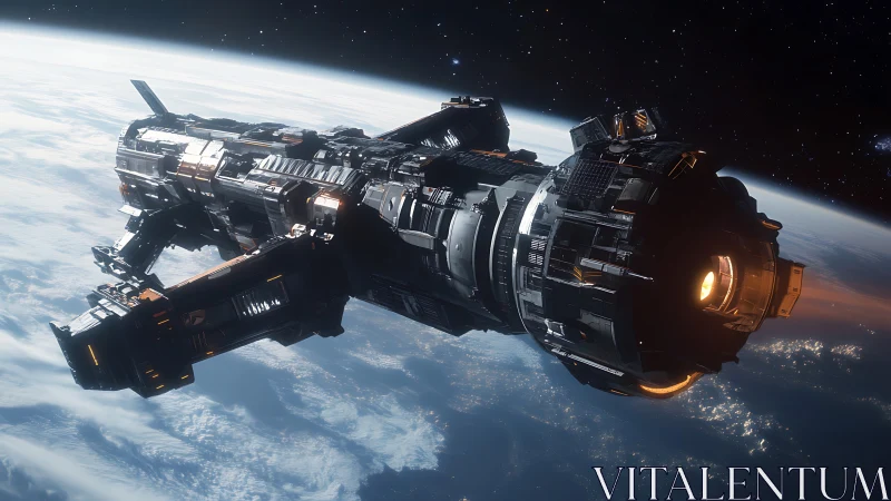 Photorealistic orbital gunship with modular aerospace hull design.