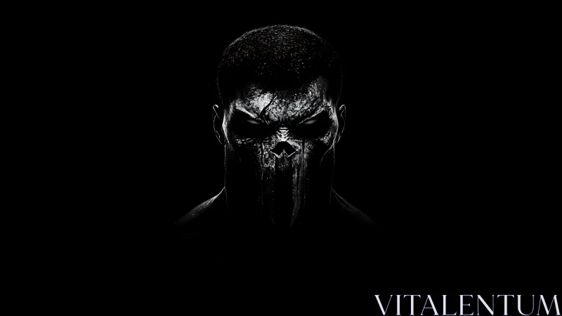 High-contrast masked portrait isolates a skull-like metallic visage