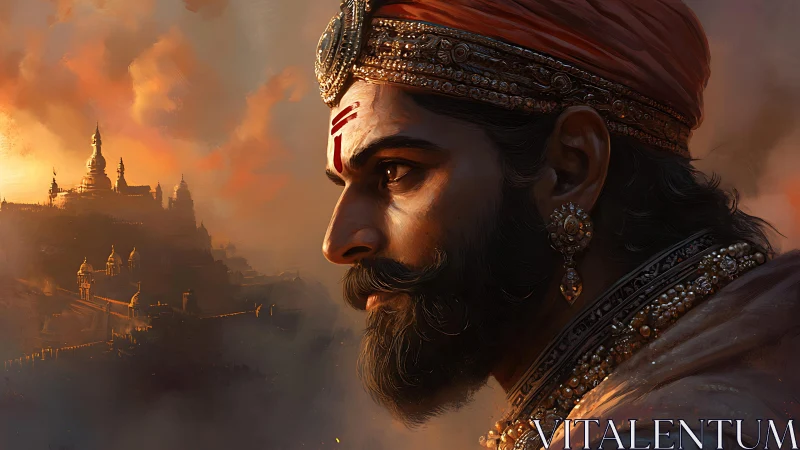 Regal warrior in profile against ancient fortress city.