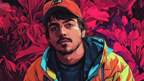 Moody young man in neon foliage glows with urban attitude