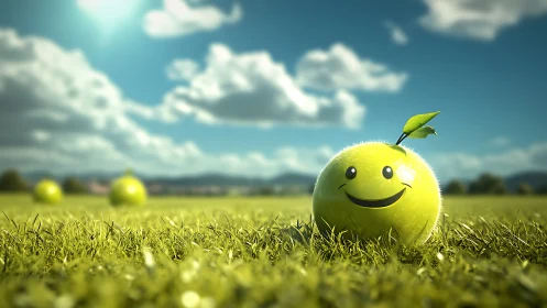 Smiling green tennis ball brightens a sunny meadow day