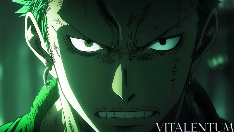 Anime close-up portrait with dramatic green chiaroscuro lighting.