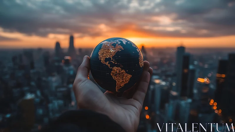 Illuminated world globe in hand above dusk city skyline