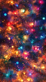 Vibrant Christmas tree lights on dense festive branches.
