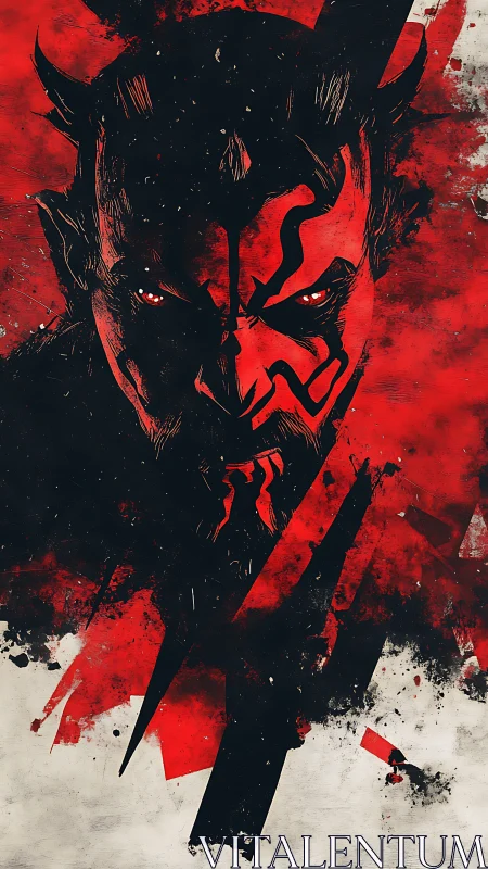 Symmetrical horned figure in fragmented red black palette.