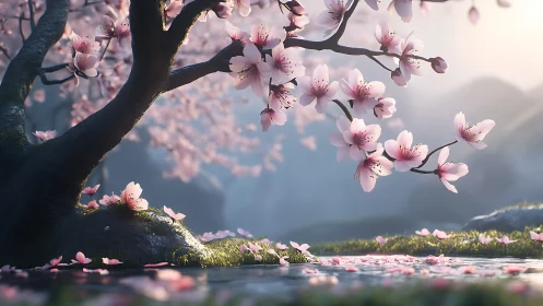 3D-rendered cherry blossom bough over reflective streamscape.
