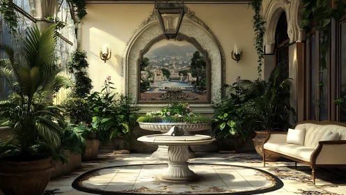 Sunlit indoor garden retreat with fountain and plush seating.