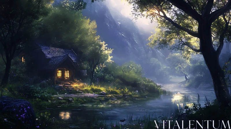 Luminous forest cottage overlooks misted river at dawn