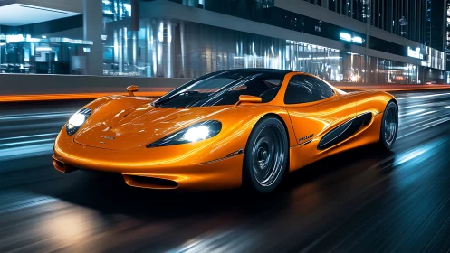 Golden city night drive with a sleek modern supercar.