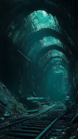 Underground rail tunnel with debris and teal overhead light.