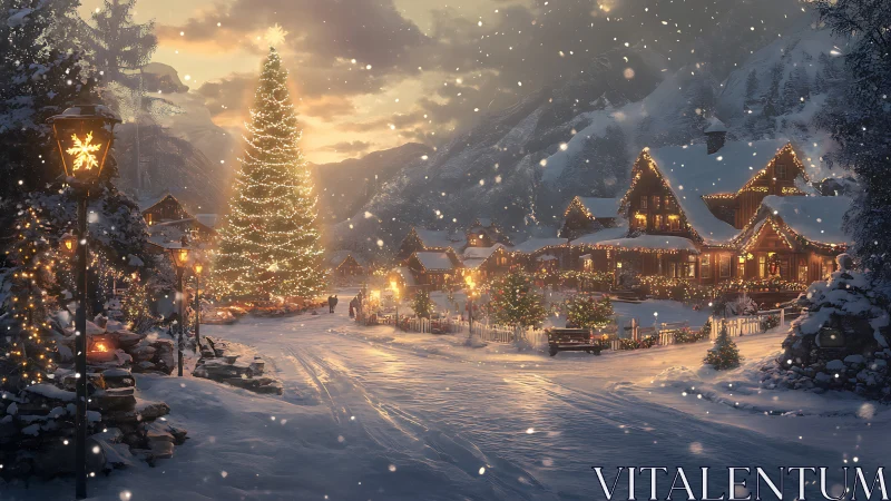 Snow village glows under towering Christmas tree lights.