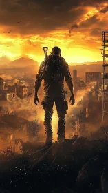 Solitary figure above ruined city at intense orange sunset.