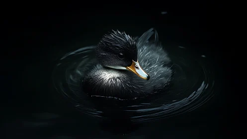Black Duck on Dark Water with Ripples.