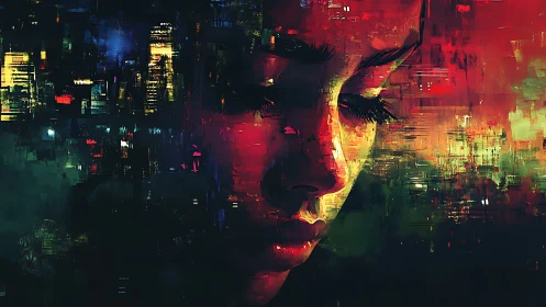 Melancholic digital portrait glows against neon city haze