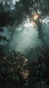 Misty Forest Path Illuminated by Golden Sunlight Through Dense Trees