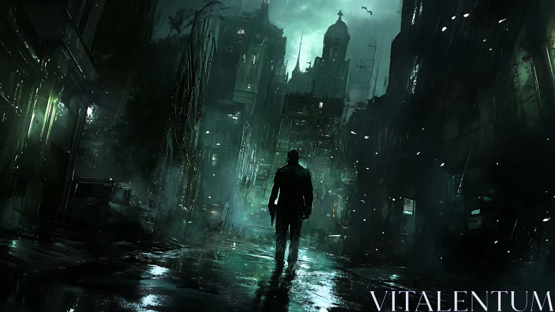 Lone figure stalks rain-soaked neon city street at night.