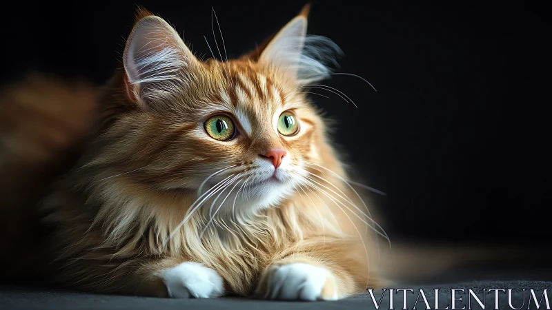 Long-haired tabby cat with white markings rests on surface against dark background.