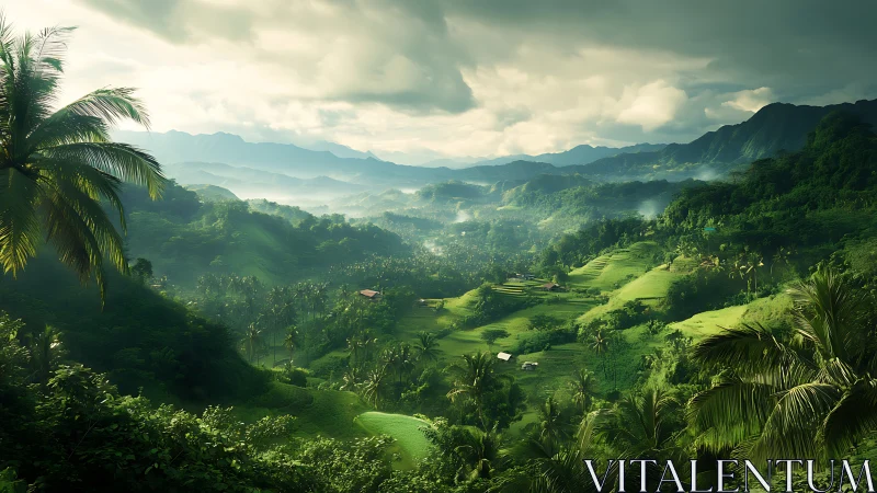 Layered tropical valley landscape extends toward distant hills