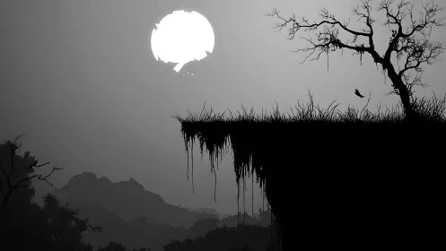 Monochrome cliff silhouette isolates bird against fractured moon