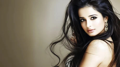 Brunette portrait with windswept hair and golden earrings.