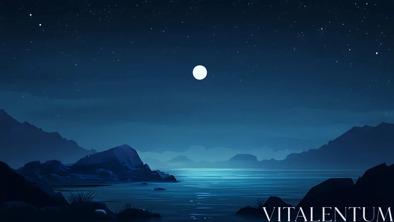 Moonlit lake horizon under deep blue starry sky.