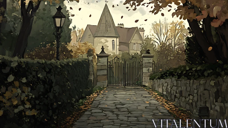 Gated autumn manor stands beyond a leaf-strewn stone path.