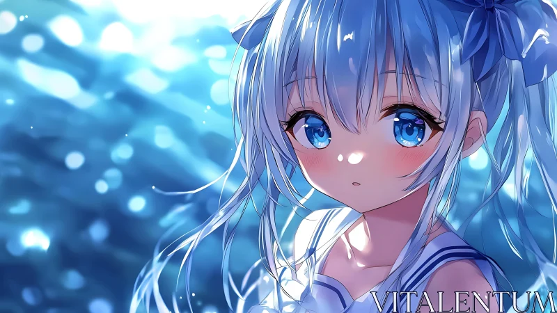Blue-eyed anime girl glows in sunlit ocean bokeh haze.