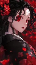 Scarlet eyed anime girl stands in a storm of blood red petals