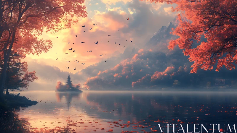 Digital painting of misty autumn lake with distant island pagoda.