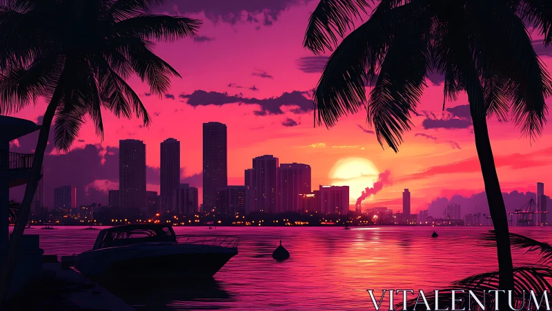 Neon tropical city skyline glows under vivid harbor sunset